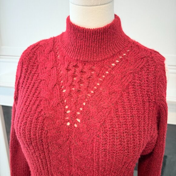 ❤️ Lety & Me Red Cable Knit Cold Shoulder Sweater | Size Medium - Picture 2 of 14